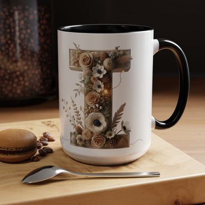 Artistic Letter 'I' Accent Coffee Mug — Rustic Monogram Initial Gift 15oz