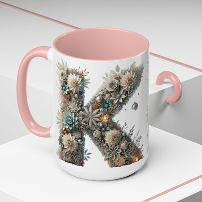 Floral Letter 'K' Accent Coffee Mug — Elegant Botanical Monogram Gift 15oz