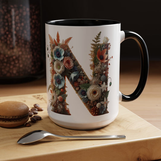 Floral Letter 'N' Accent Coffee Mug — Botanical Monogram Gift 15oz