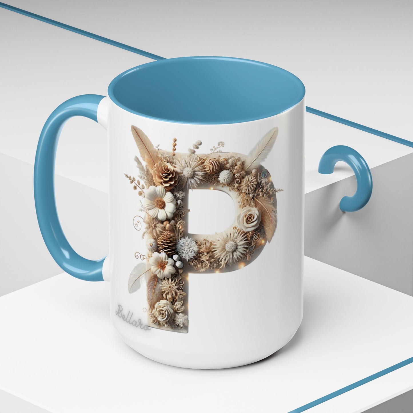 Earthy Letter 'P' Accent Coffee Mug — Botanical Initial Mug 15oz