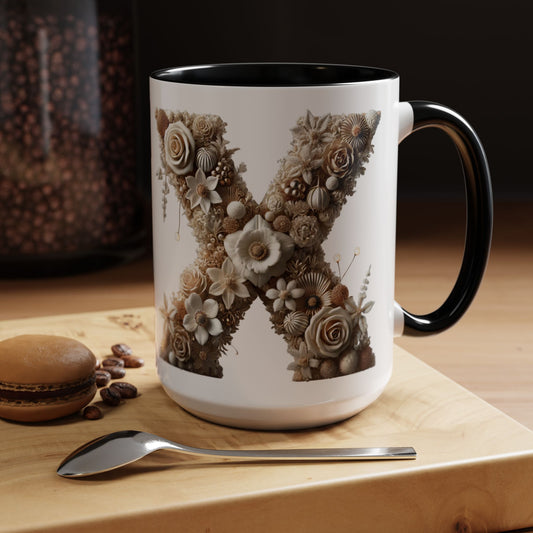 Artistic Letter 'X' Accent Coffee Mug – Neutral Rustic Botanical Initial