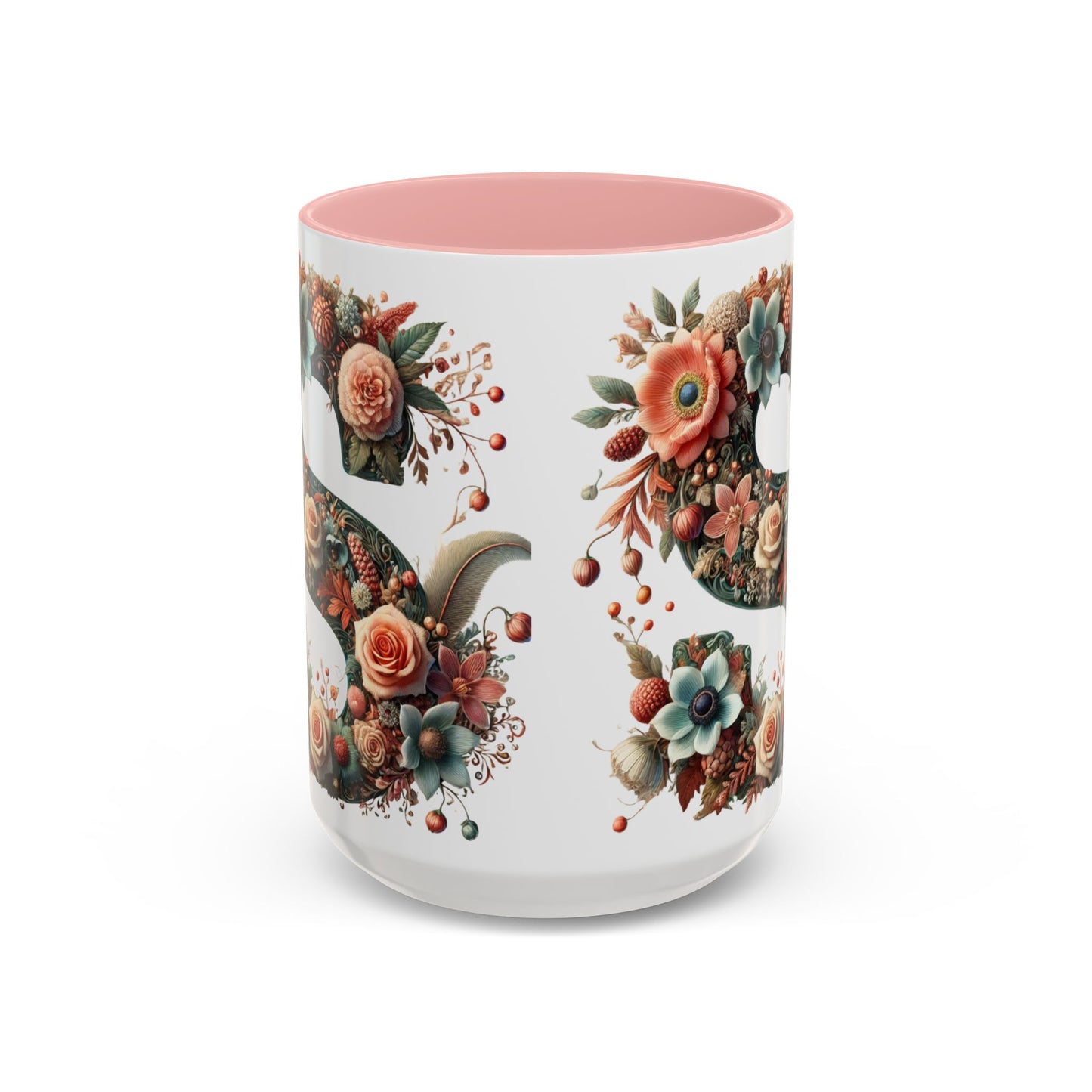 Floral Monogram 'S' Accent Coffee Mug – Vintage Rose Initial Mug 15oz
