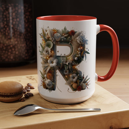 Personalized Monogram 'R' Artistic Floral Accent Coffee Mug 15oz