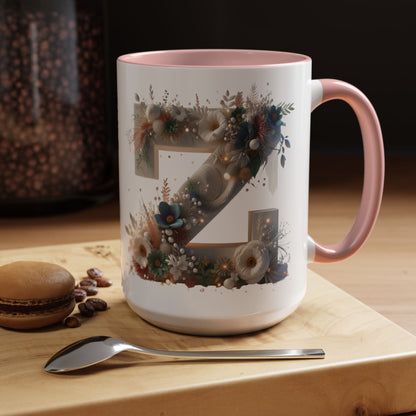 Floral Monogram 'Z' Accent Coffee Mug — 15oz Personalized Initial Mug
