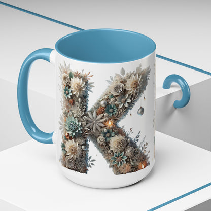 Floral Letter 'K' Accent Coffee Mug — Elegant Botanical Monogram Gift 15oz
