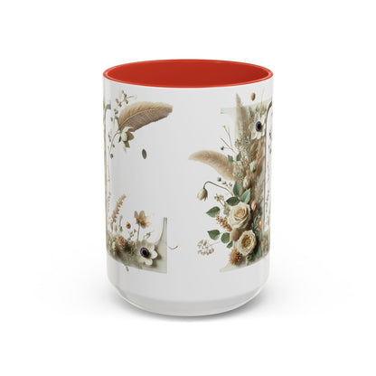 Boho 'L' Accent Coffee Mug — Neutral Dried Flowers Design 15oz