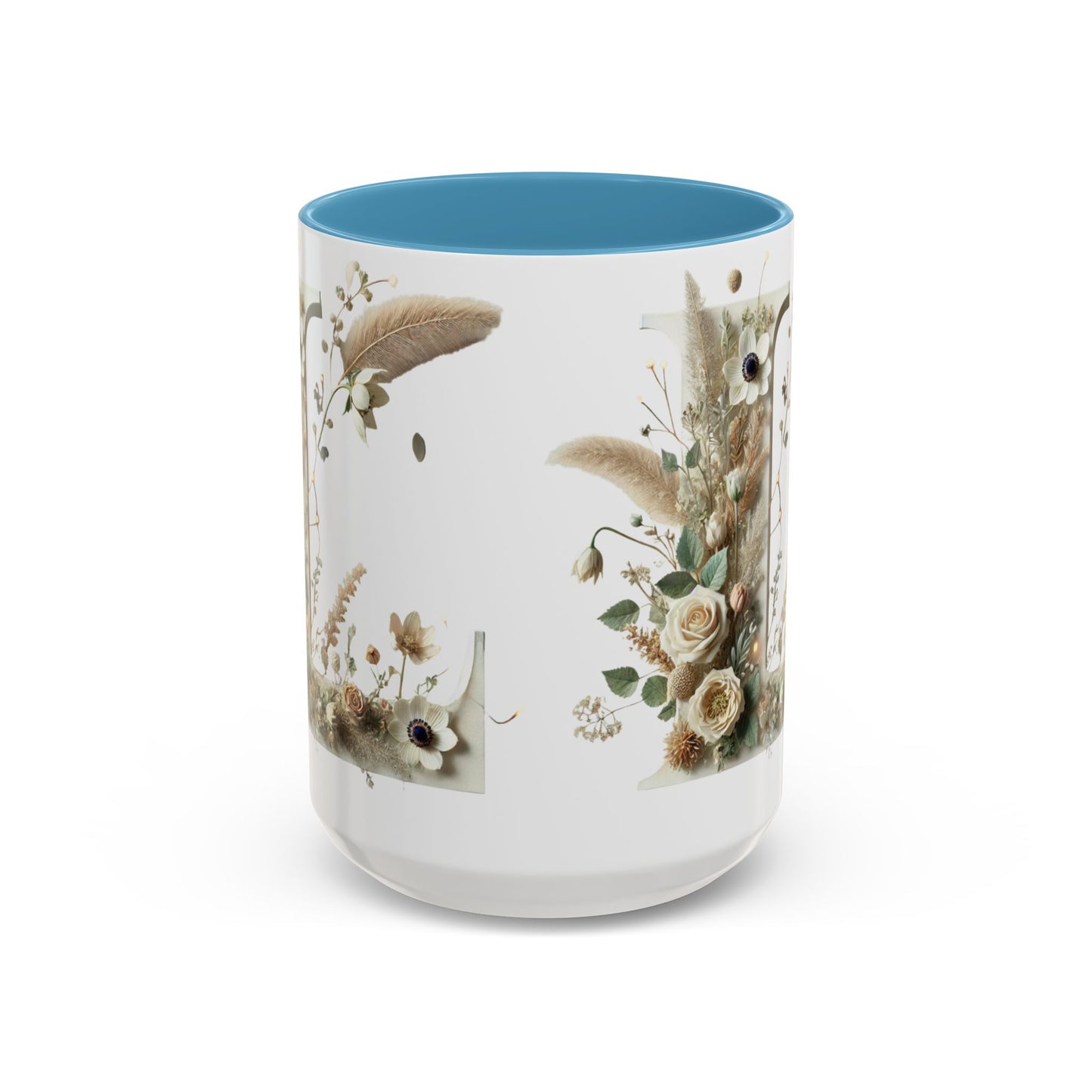 Boho 'L' Accent Coffee Mug — Neutral Dried Flowers Design 15oz