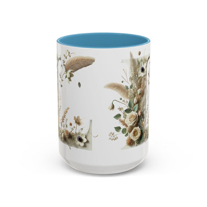 Boho 'L' Accent Coffee Mug — Neutral Dried Flowers Design 15oz