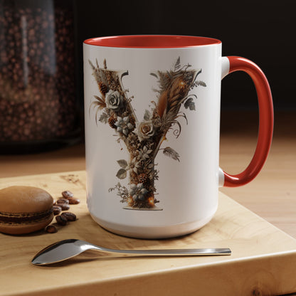 Artistic Monogram 'Y' Accent Coffee Mug — Elegant Botanical Initial Mug 15oz