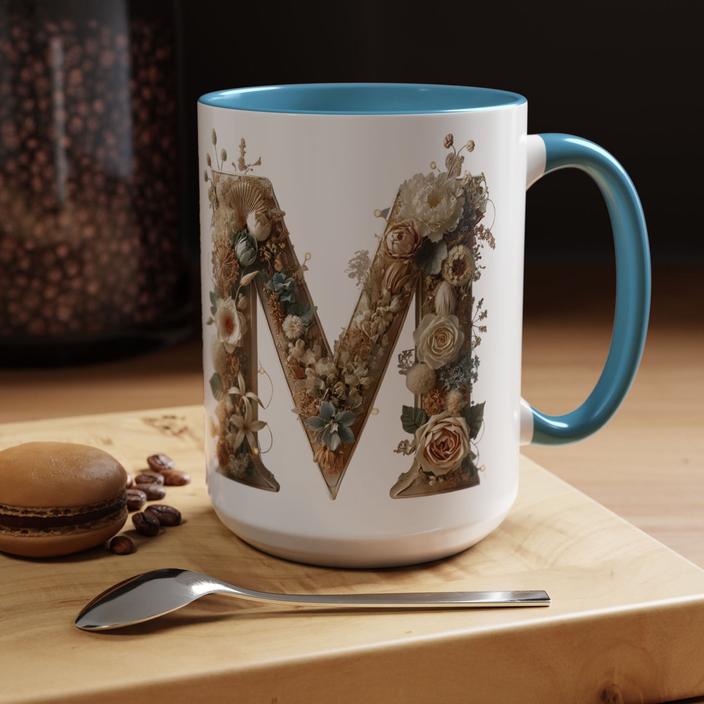 Floral Monogram 'M' Accent Coffee Mug — Rustic Botanical Initial Gift 15oz