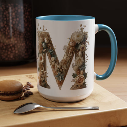 Floral Monogram 'M' Accent Coffee Mug — Rustic Botanical Initial Gift 15oz