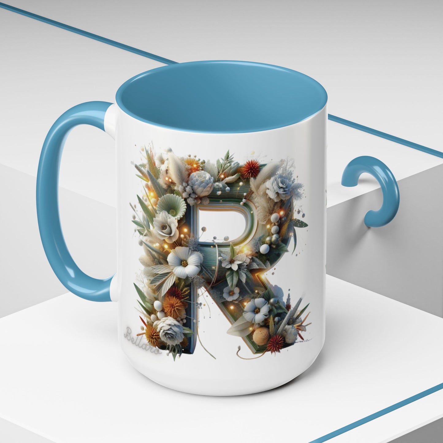 Personalized Monogram 'R' Artistic Floral Accent Coffee Mug 15oz