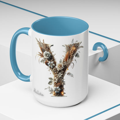 Artistic Monogram 'Y' Accent Coffee Mug — Elegant Botanical Initial Mug 15oz
