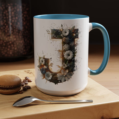 Floral Monogram Coffee Mug — Letter 'J' Accent Mug 15 oz