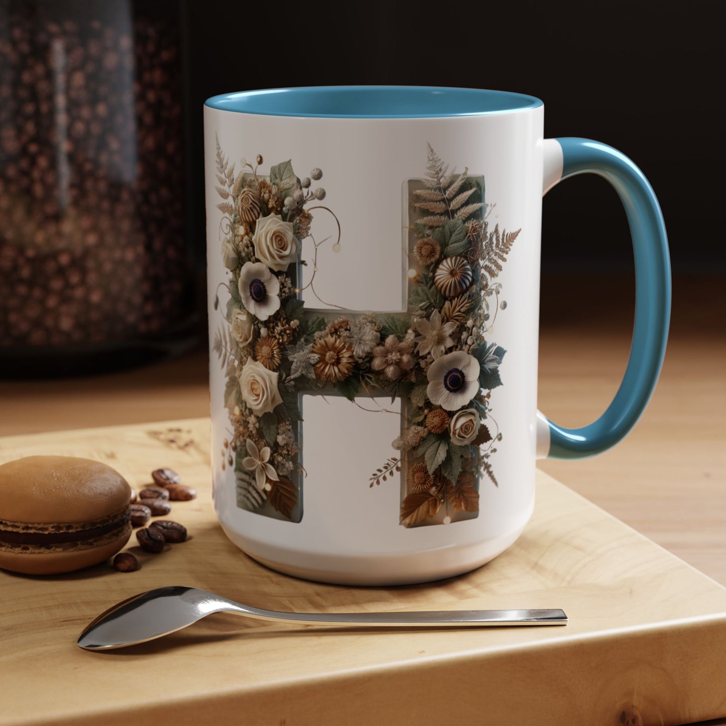 Floral Letter 'H' Accent Coffee Mug — Botanical Monogram Ceramic Mug