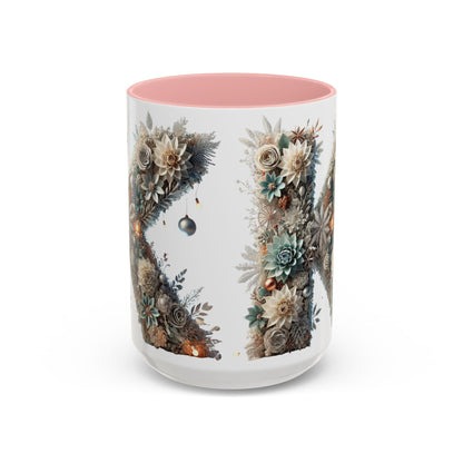 Floral Letter 'K' Accent Coffee Mug — Elegant Botanical Monogram Gift 15oz
