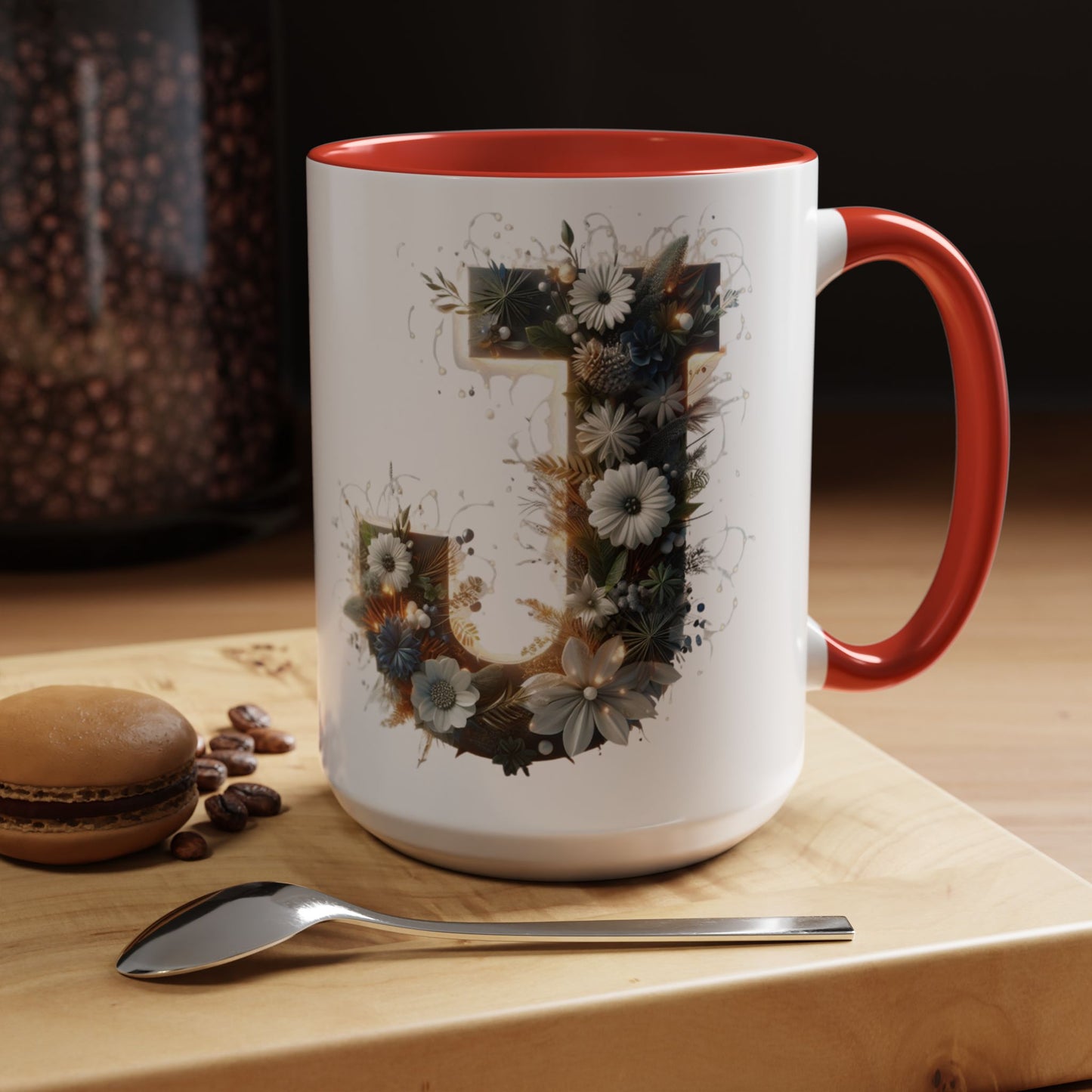 Floral Monogram Coffee Mug — Letter 'J' Accent Mug 15 oz