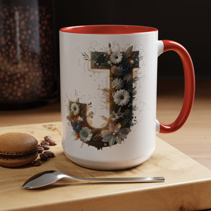 Floral Monogram Coffee Mug — Letter 'J' Accent Mug 15 oz