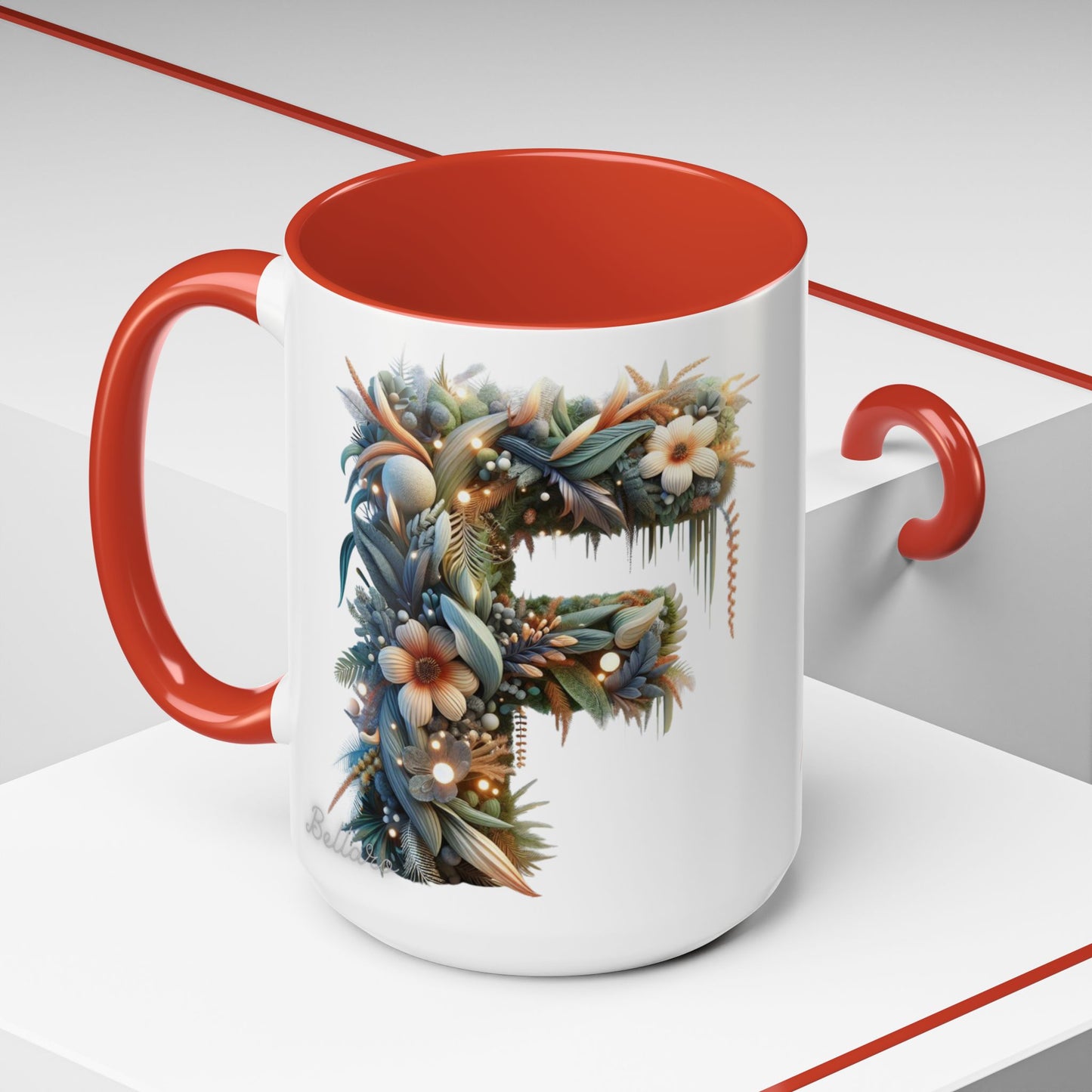 Floral Letter 'F' Accent Coffee Mug — Botanical Monogram 15oz