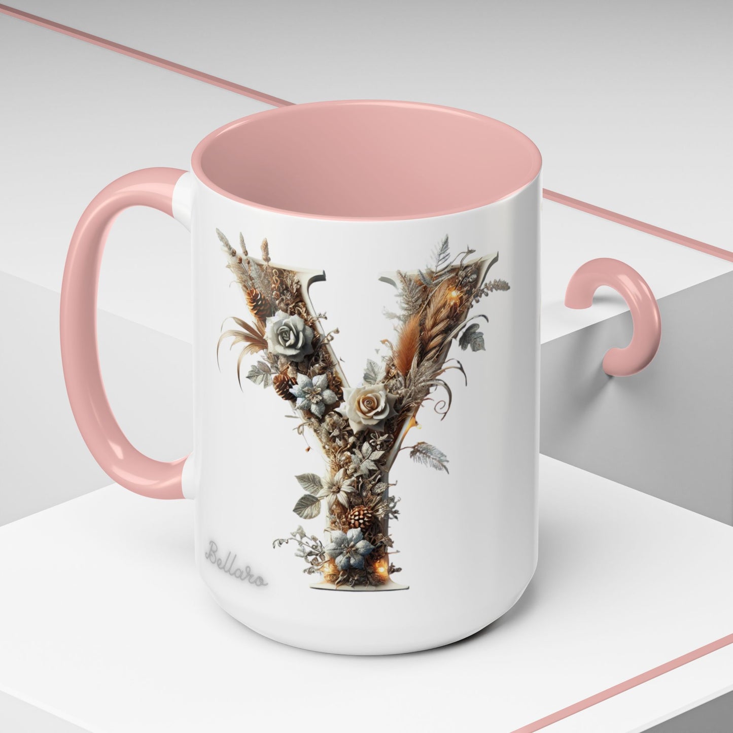 Artistic Monogram 'Y' Accent Coffee Mug — Elegant Botanical Initial Mug 15oz