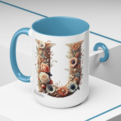 Floral Monogram 'U' Accent Coffee Mug – Floral Letter U Ceramic Mug 15oz