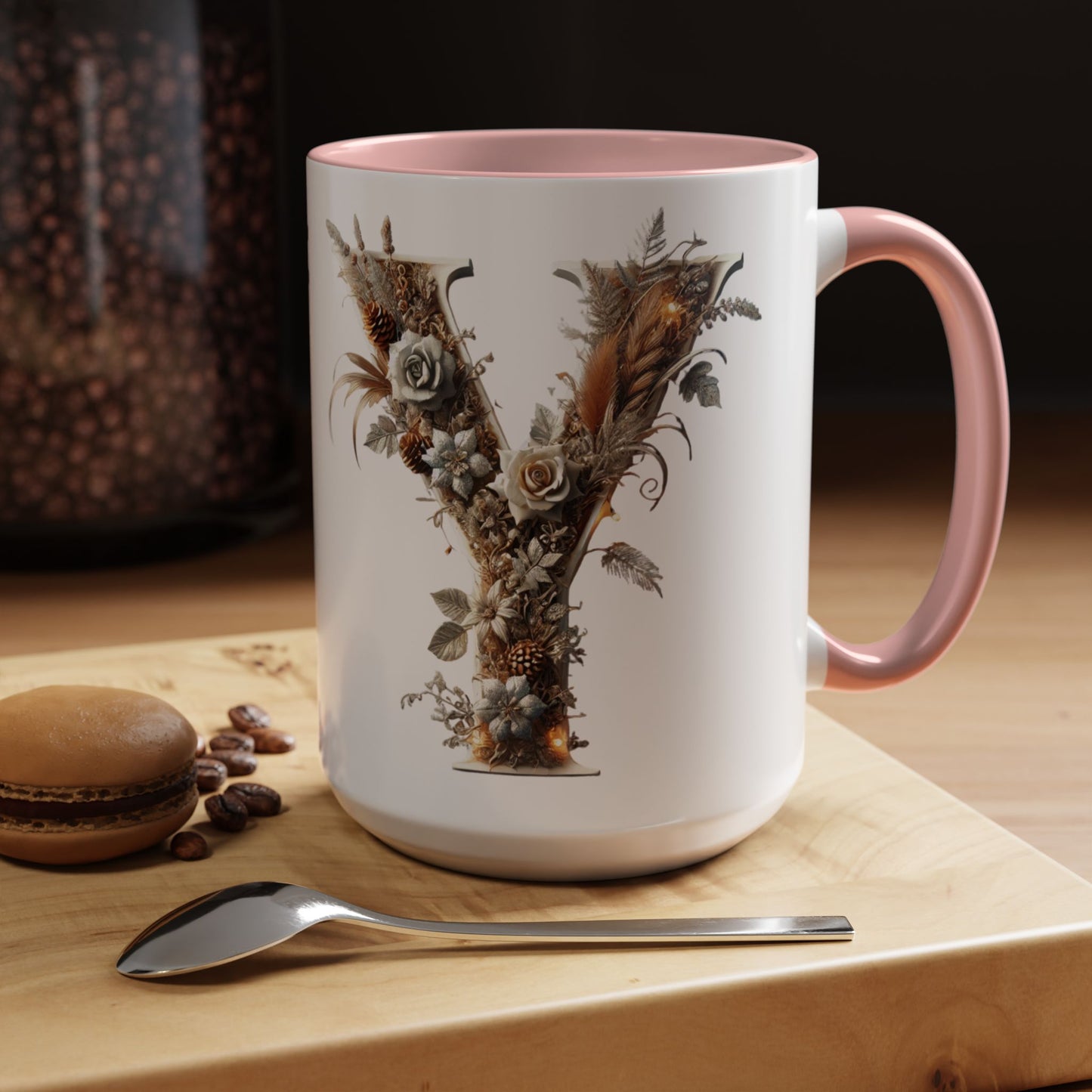 Artistic Monogram 'Y' Accent Coffee Mug — Elegant Botanical Initial Mug 15oz