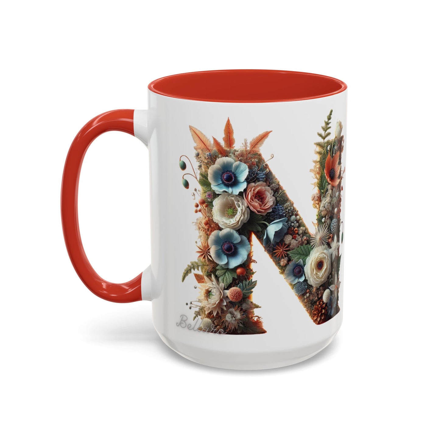 Floral Letter 'N' Accent Coffee Mug — Botanical Monogram Gift 15oz