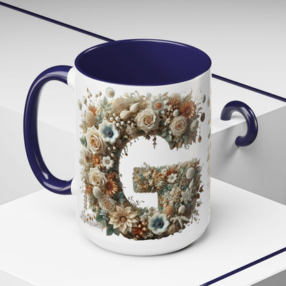Floral Monogram 'G' Accent Coffee Mug — Botanical Initial Gift 15oz