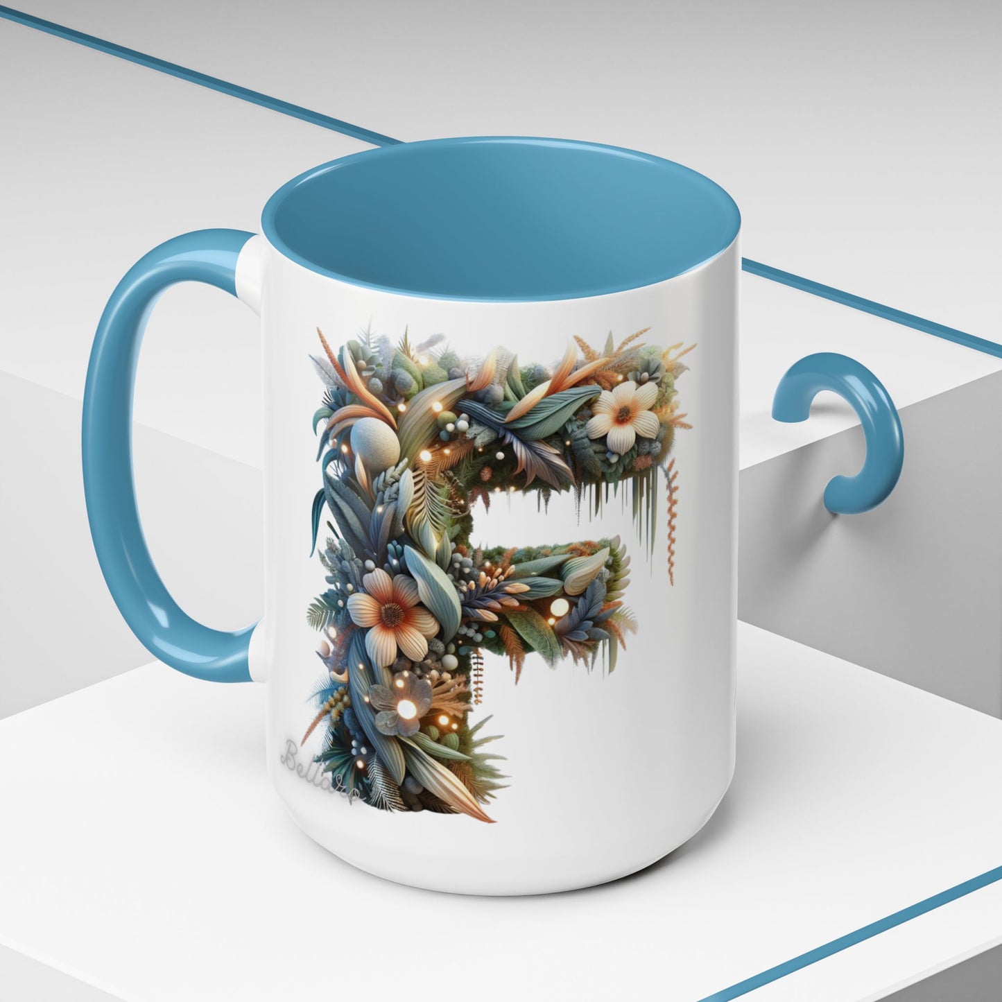 Floral Letter 'F' Accent Coffee Mug — Botanical Monogram 15oz