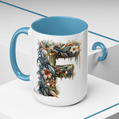 Floral Letter 'F' Accent Coffee Mug — Botanical Monogram 15oz