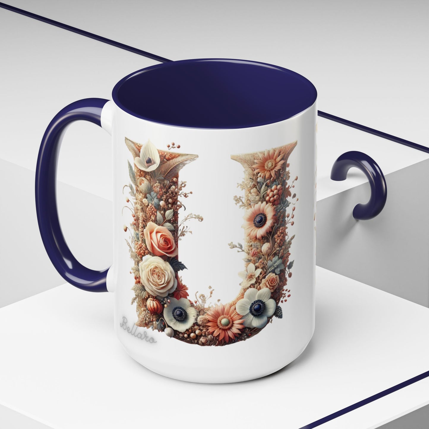 Floral Monogram 'U' Accent Coffee Mug – Floral Letter U Ceramic Mug 15oz