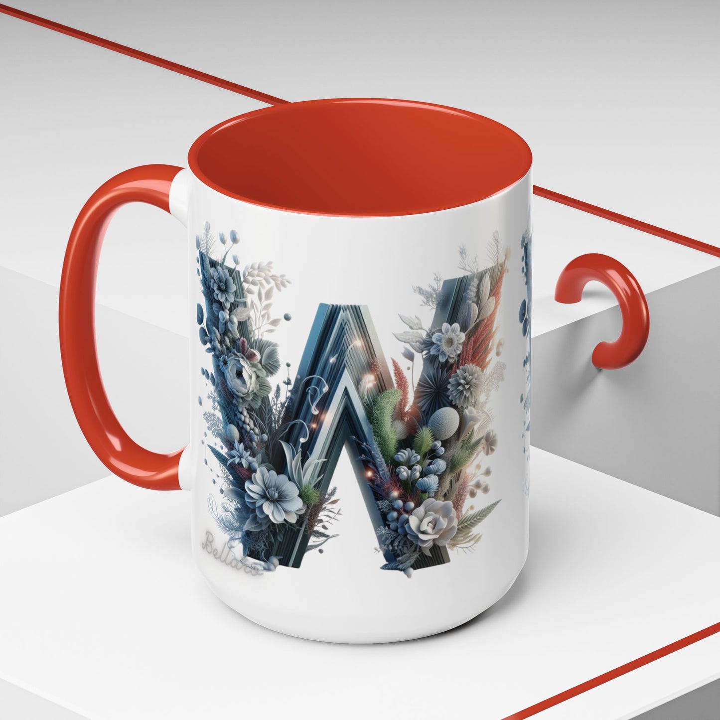 Floral Monogram Letter 'W' Accent Coffee Mug — Decorative Initial Monogram Mug 15oz
