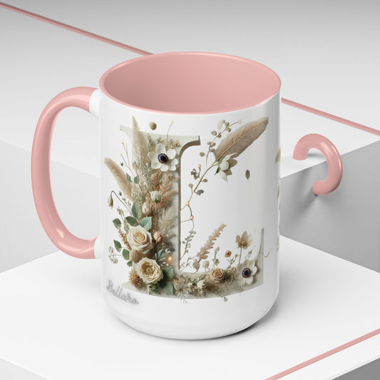 Boho 'L' Accent Coffee Mug — Neutral Dried Flowers Design 15oz