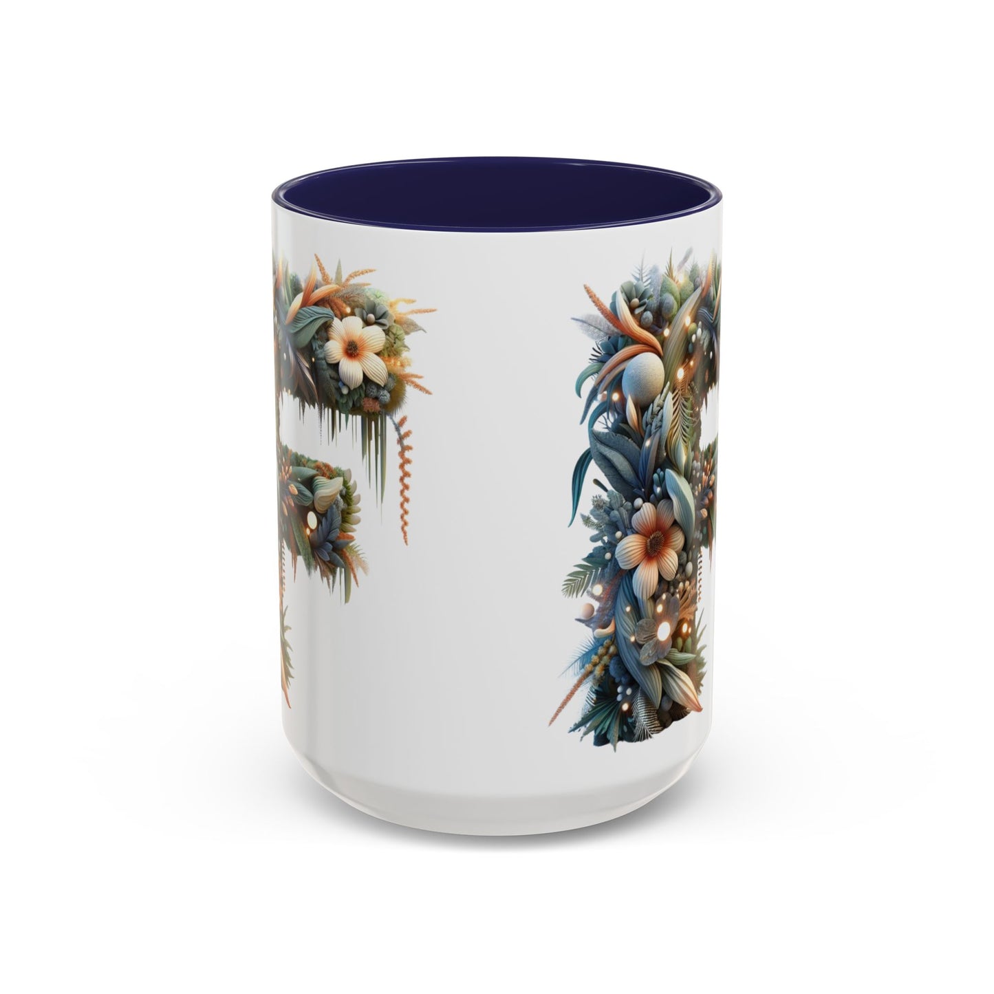 Floral Letter 'F' Accent Coffee Mug — Botanical Monogram 15oz