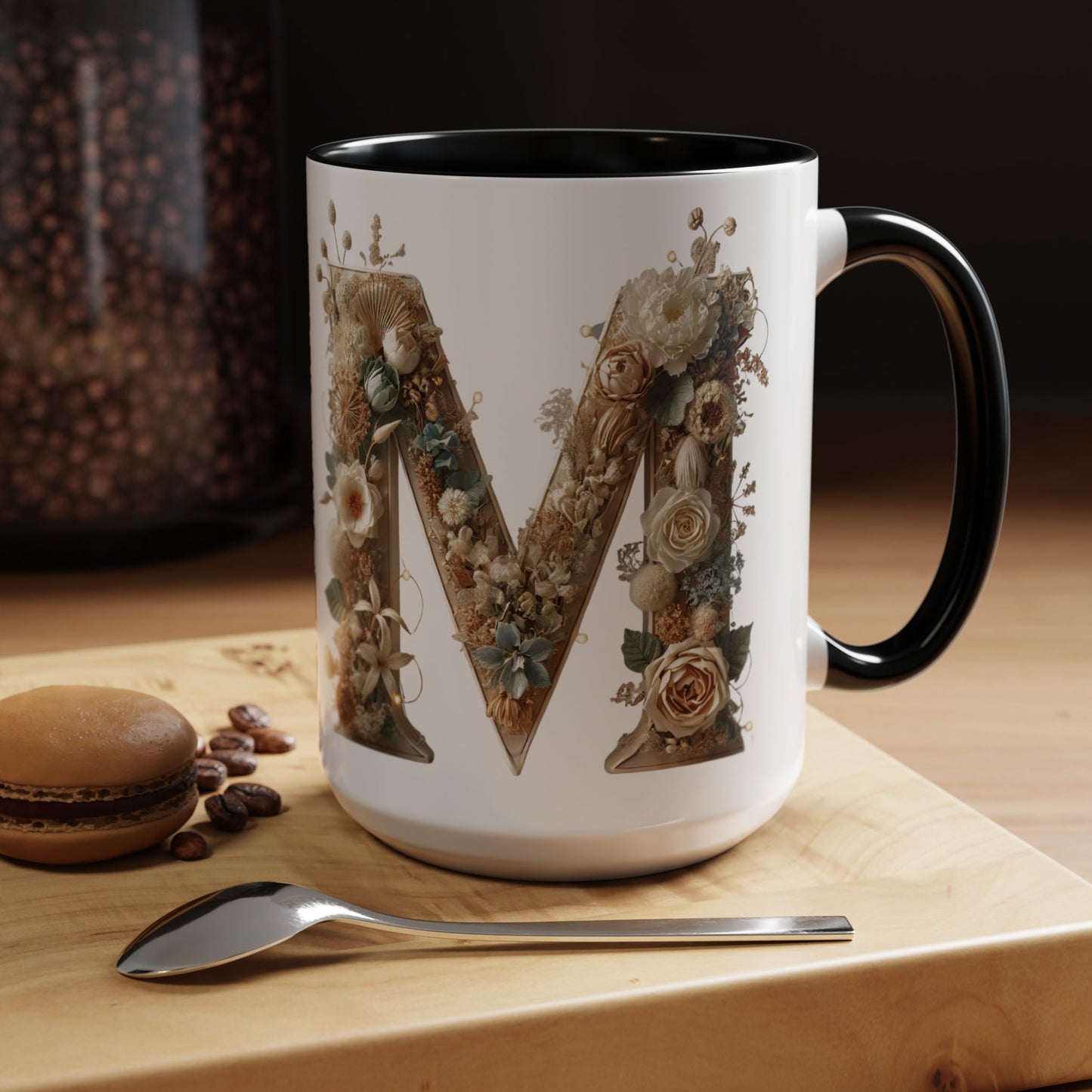 Floral Monogram 'M' Accent Coffee Mug — Rustic Botanical Initial Gift 15oz