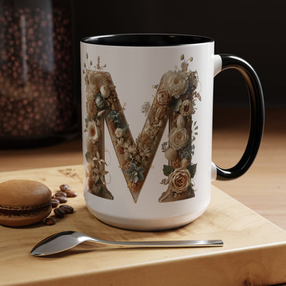 Floral Monogram 'M' Accent Coffee Mug — Rustic Botanical Initial Gift 15oz