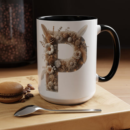 Earthy Letter 'P' Accent Coffee Mug — Botanical Initial Mug 15oz