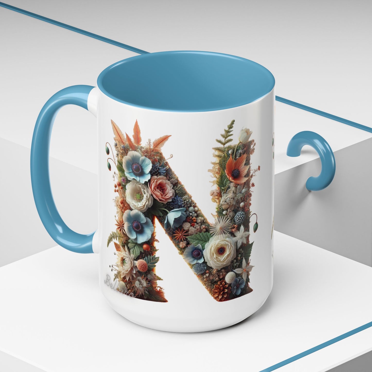Floral Letter 'N' Accent Coffee Mug — Botanical Monogram Gift 15oz