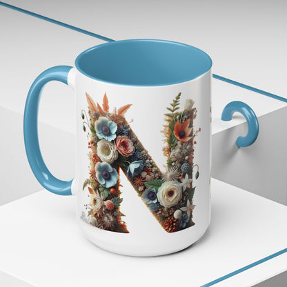Floral Letter 'N' Accent Coffee Mug — Botanical Monogram Gift 15oz