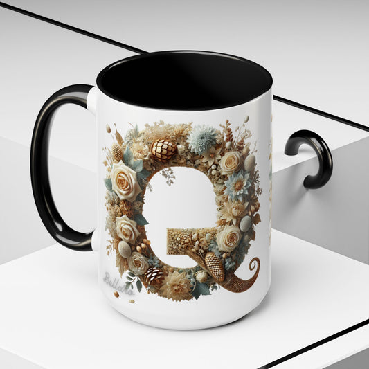 Floral Coffee Mug — Decorative 'Q' Monogram Accent Mug 15oz