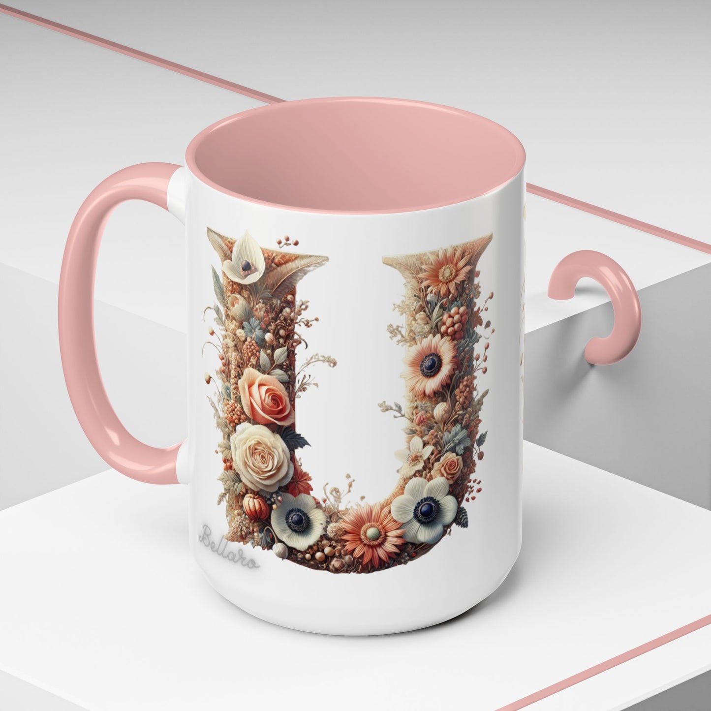 Floral Monogram 'U' Accent Coffee Mug – Floral Letter U Ceramic Mug 15oz