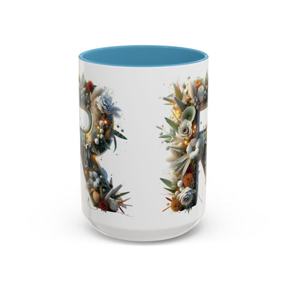 Personalized Monogram 'R' Artistic Floral Accent Coffee Mug 15oz