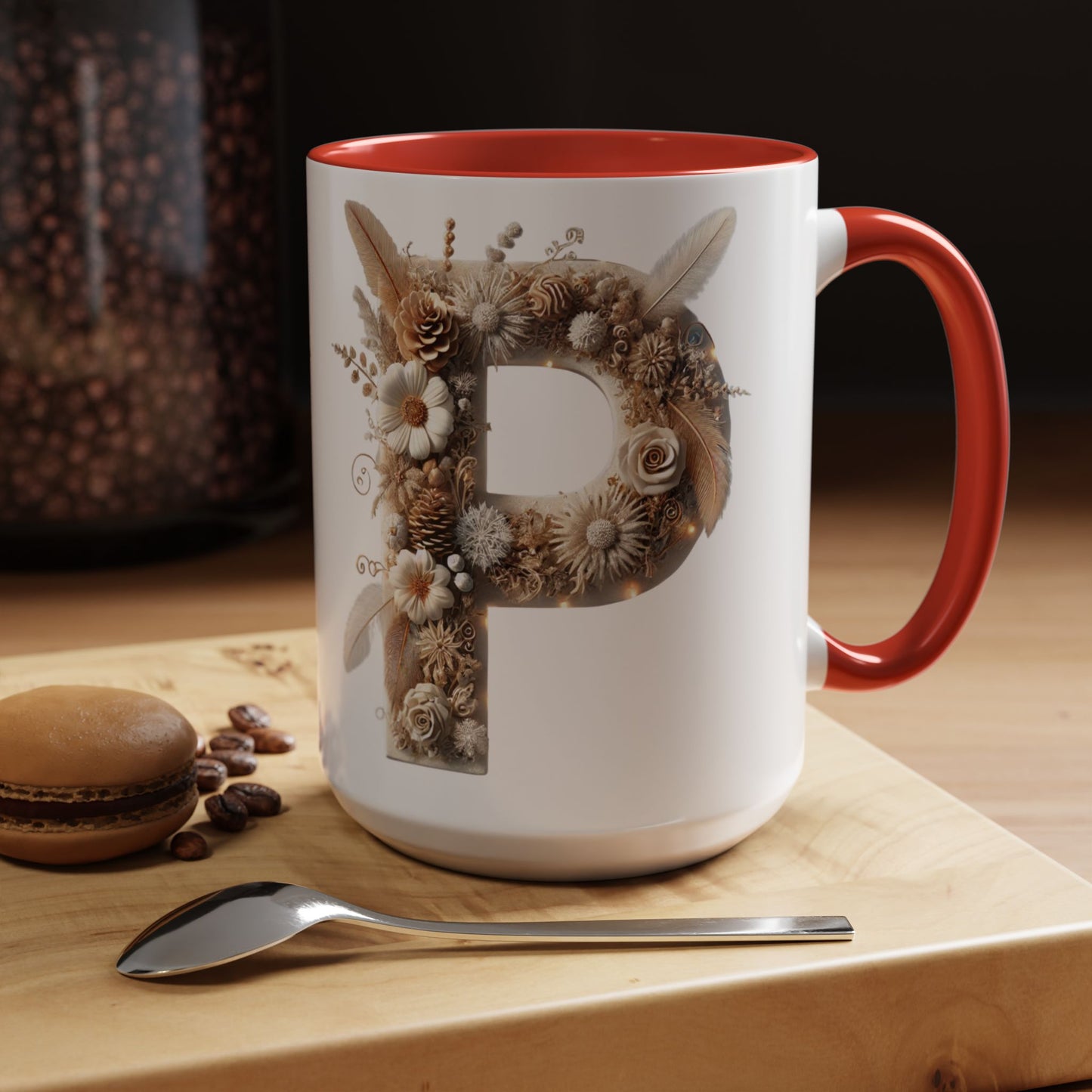 Earthy Letter 'P' Accent Coffee Mug — Botanical Initial Mug 15oz