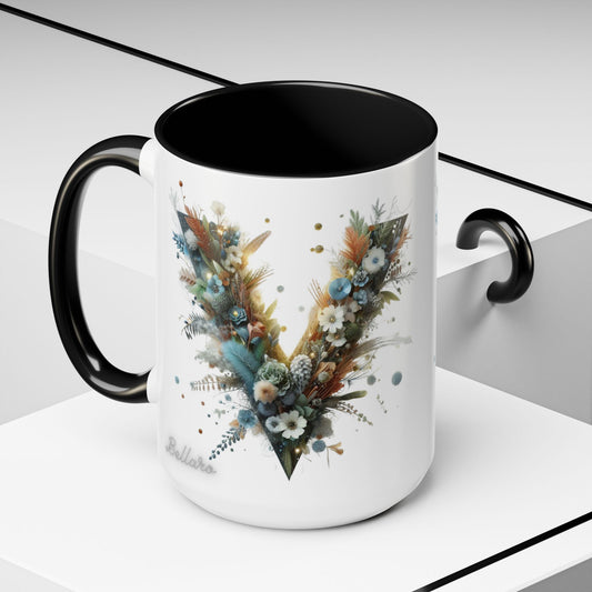 Artistic Letter 'V' Accent Coffee Mug — Botanical Initial Ceramic Mug 15 oz
