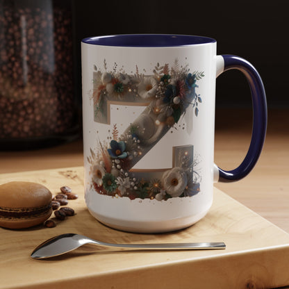 Floral Monogram 'Z' Accent Coffee Mug — 15oz Personalized Initial Mug