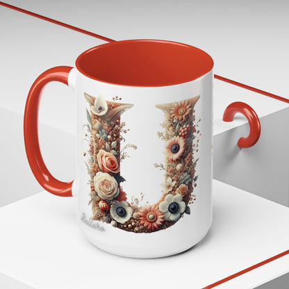 Floral Monogram 'U' Accent Coffee Mug – Floral Letter U Ceramic Mug 15oz