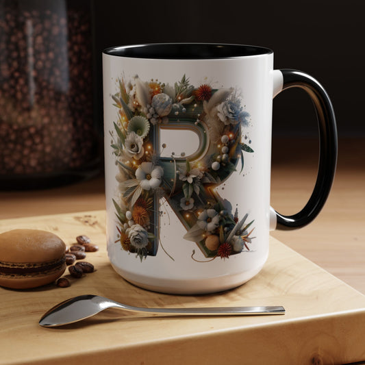 Personalized Monogram 'R' Artistic Floral Accent Coffee Mug 15oz