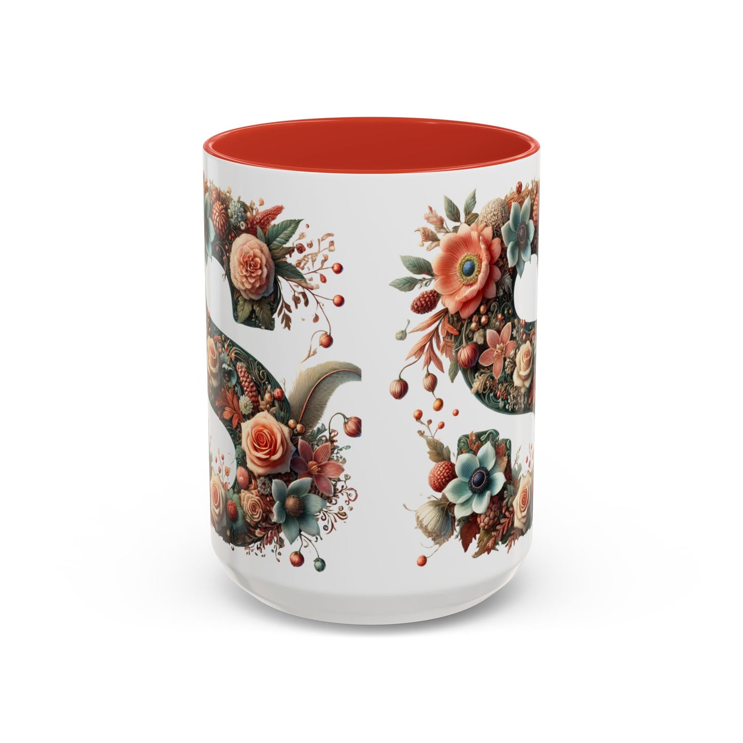 Floral Monogram 'S' Accent Coffee Mug – Vintage Rose Initial Mug 15oz