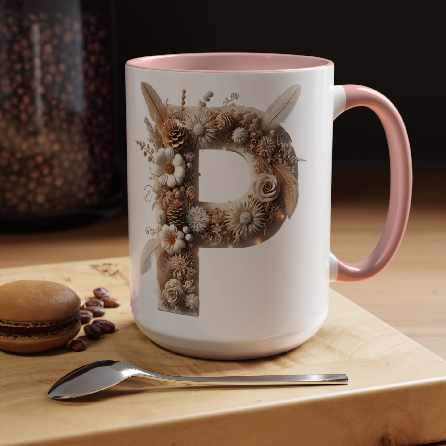 Earthy Letter 'P' Accent Coffee Mug — Botanical Initial Mug 15oz