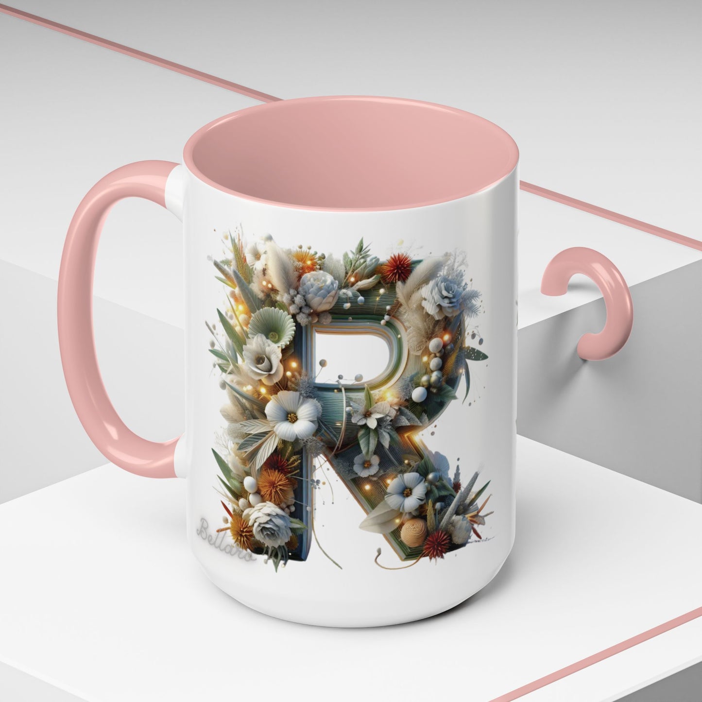 Personalized Monogram 'R' Artistic Floral Accent Coffee Mug 15oz